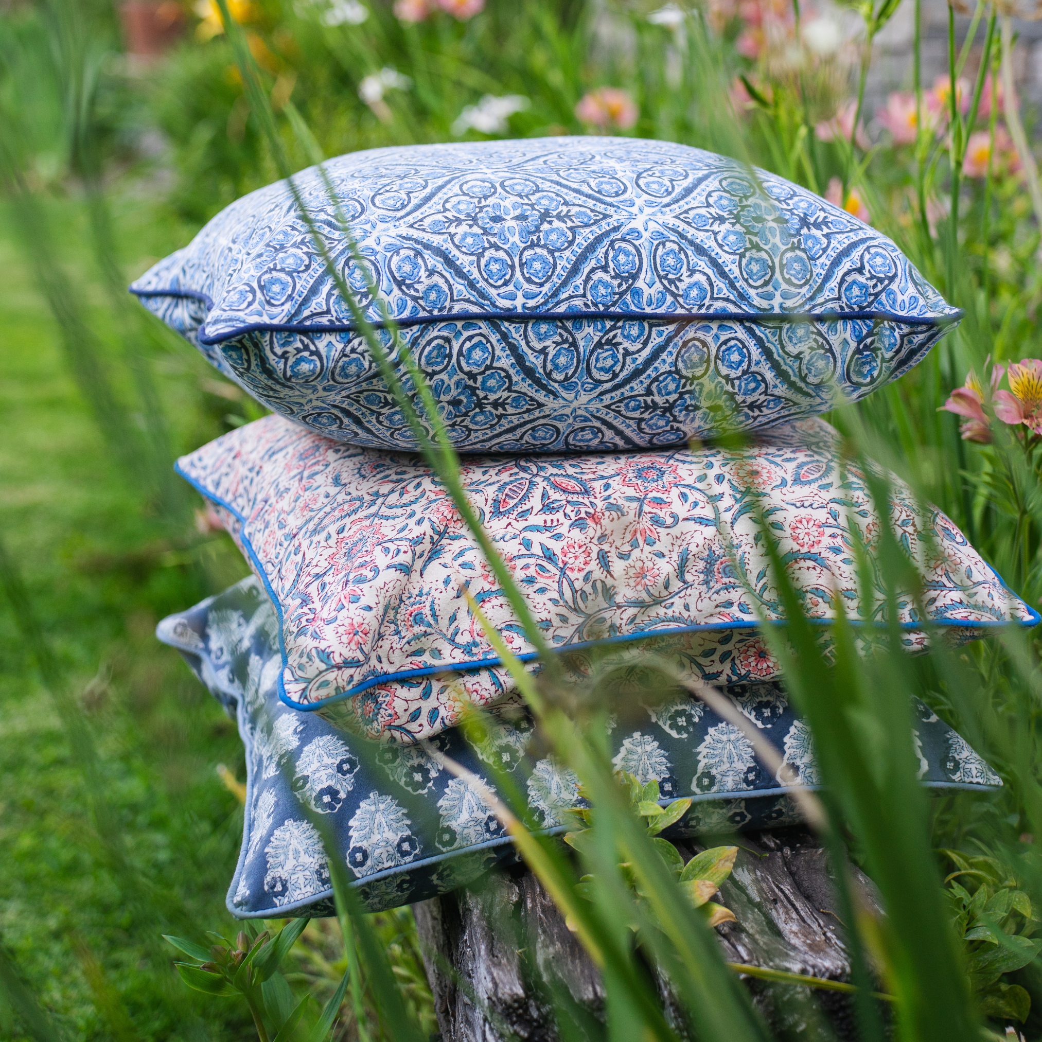 FUNDA COJIN BLOCK PRINT CHOKRI BLUE 50x50