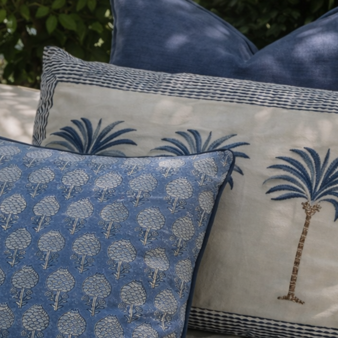 FUNDA COJIN BLOCK PRINT ART AZUL 50X50