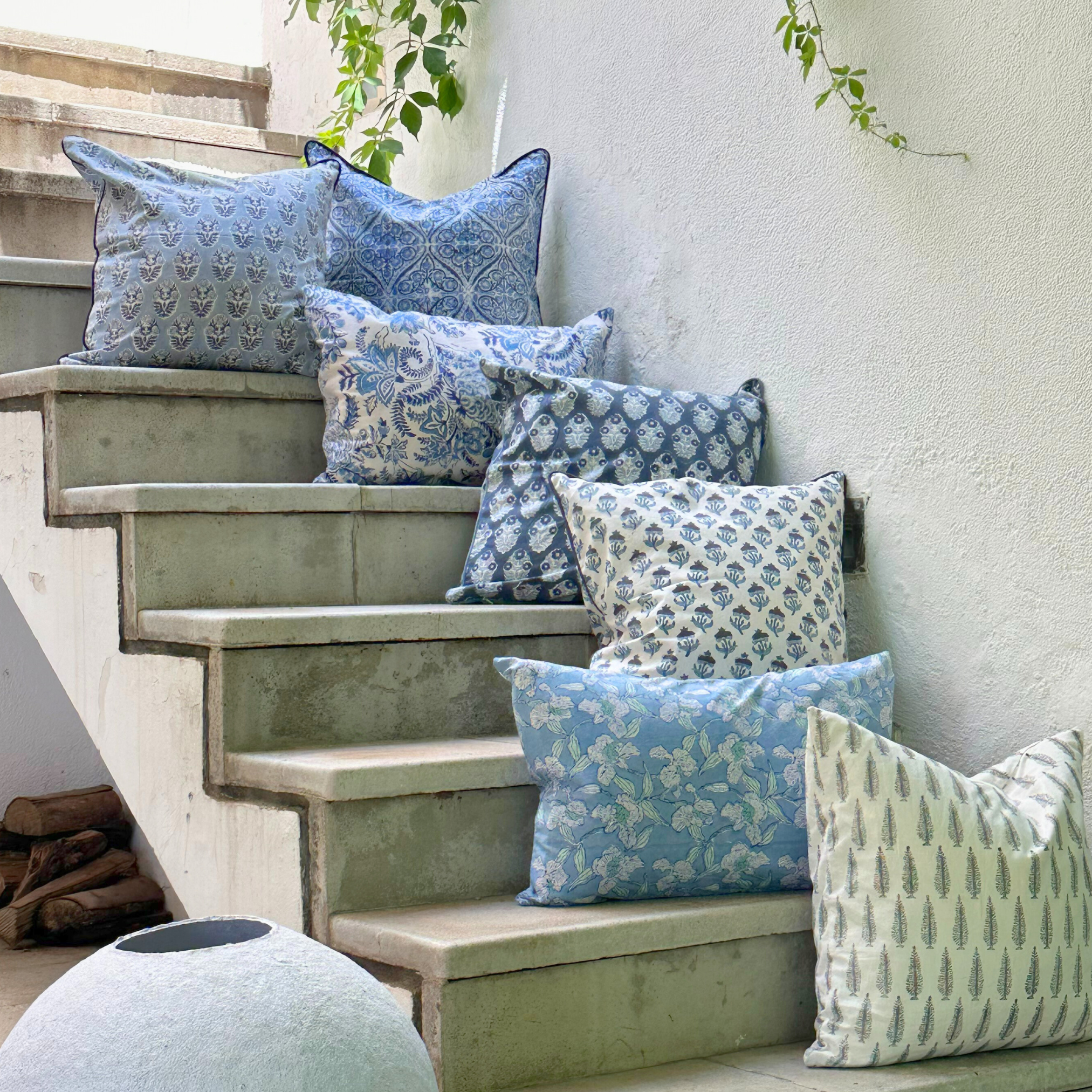 FUNDA COJIN BLOCK PRINT BOTTA LIGHT BLUE 50x50