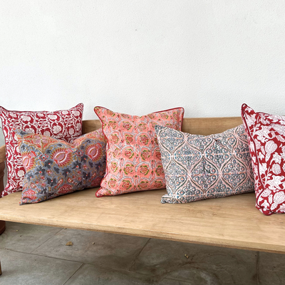 FUNDA COJIN BLOCK PRINT FLOWER RED 50x50