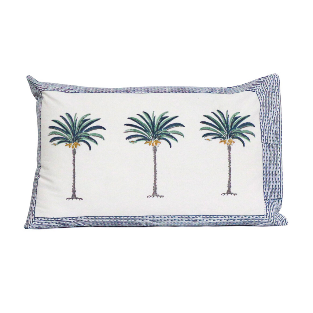 FUNDA ALMOHADON BLOCK PRINT PALM AZUL 70x50